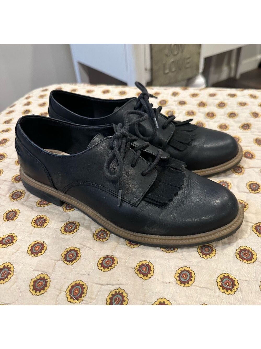 Clarks Griffin Mabel Black Leather Lace Up Fringe Oxfords Size 7